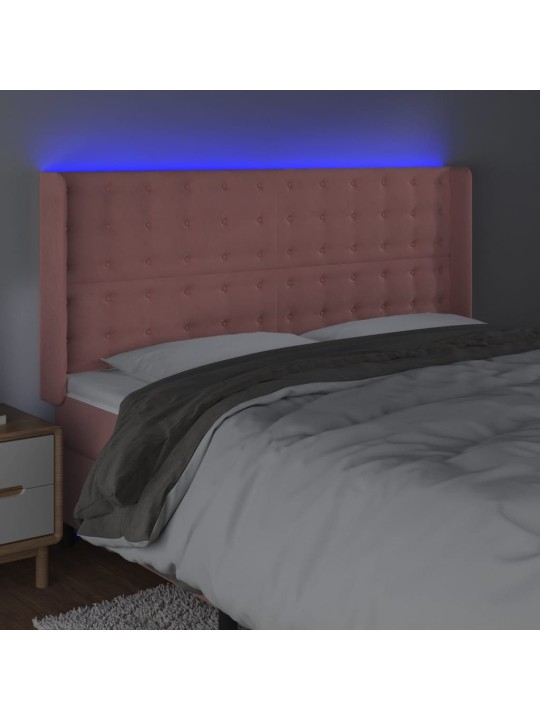 Čelo postele s led růžové 203 x 16 x 118/128 cm samet