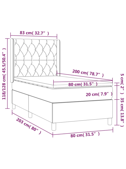 Box spring postel s matrací a led tmavě hnědá 80x200 cm textil