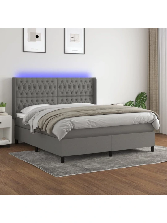 Box spring postel s matrací a LED tmavě šedá 180x200 cm textil
