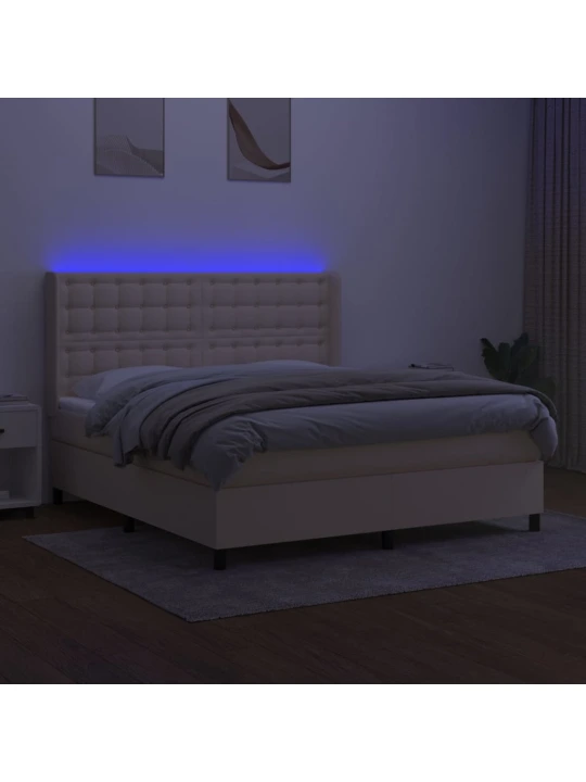 Box spring postel s matrací a LED krémová 180x200 cm textil