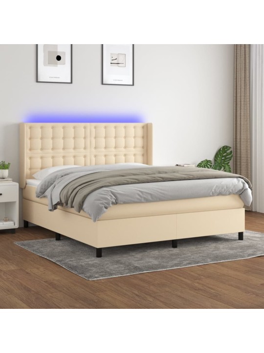Box spring postel s matrací a LED krémová 180x200 cm textil