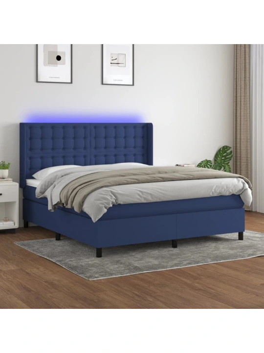 Box spring postel s matrací a LED modrá 180x200 cm textil