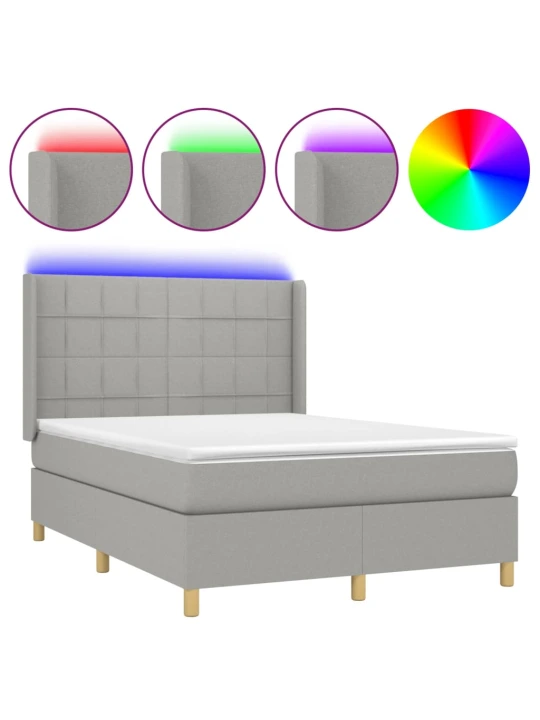 Box spring postel s matrací a LED světle šedá 140x200 cm textil