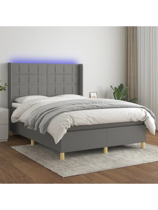 Box spring postel s matrací a LED tmavě šedá 140x200 cm textil