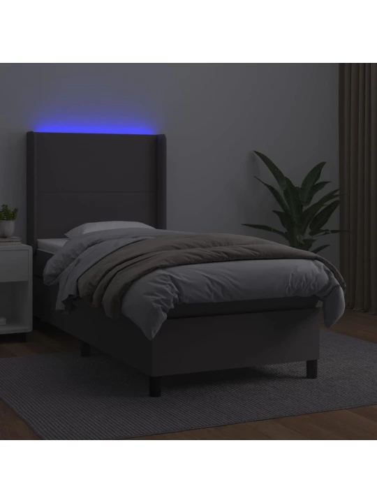 Box spring postel s matrací a LED šedá 90x190 cm umělá kůže