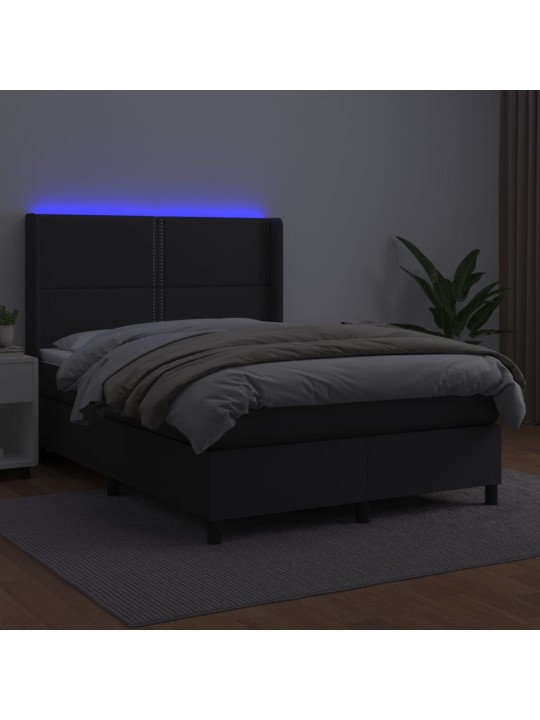 Box spring postel s matrací a LED černá 140 x 190 cm umělá kůže