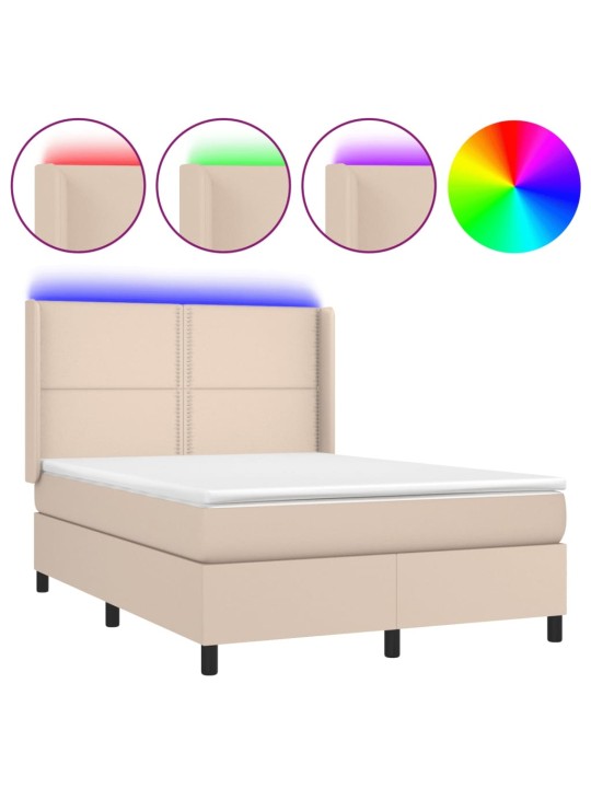 Box spring postel matrace a LED cappuccino 140x190cm umělá kůže