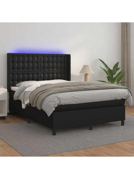 Box spring postel s matrací a LED černá 140 x 190 cm umělá kůže