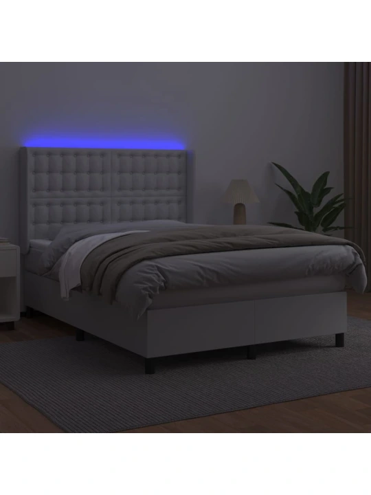 Box spring postel s matrací a LED bílá 140x190 cm umělá kůže