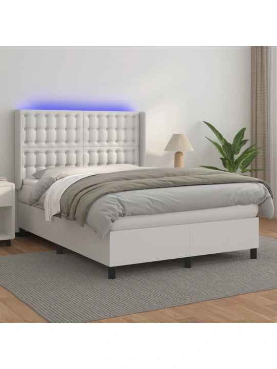Box spring postel s matrací a LED bílá 140x190 cm umělá kůže