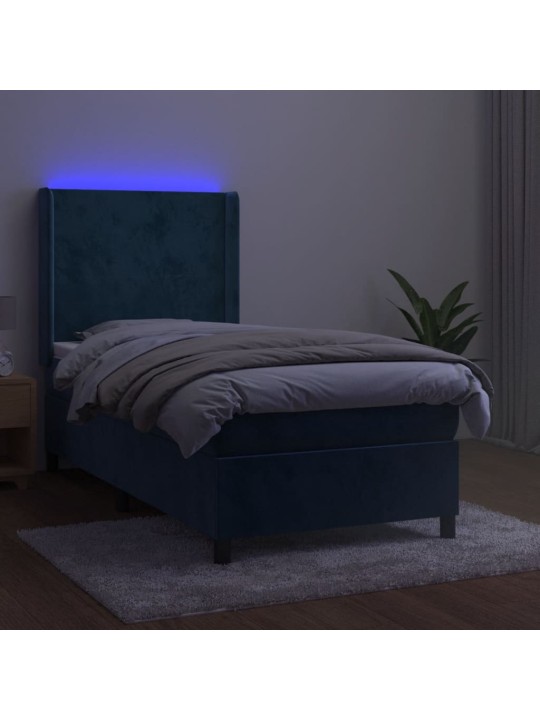 Box spring postel s matrací a led tmavě modrá 90x200 cm samet