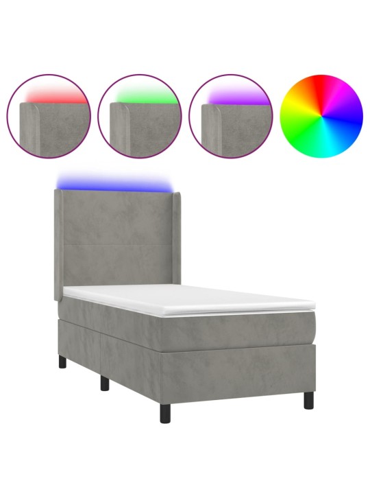 Box spring postel s matrací a LED světle šedá 100x200 cm samet