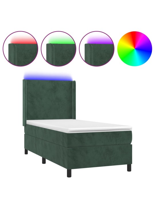 Box spring postel s matrací a LED tmavě zelená 100x200 cm samet