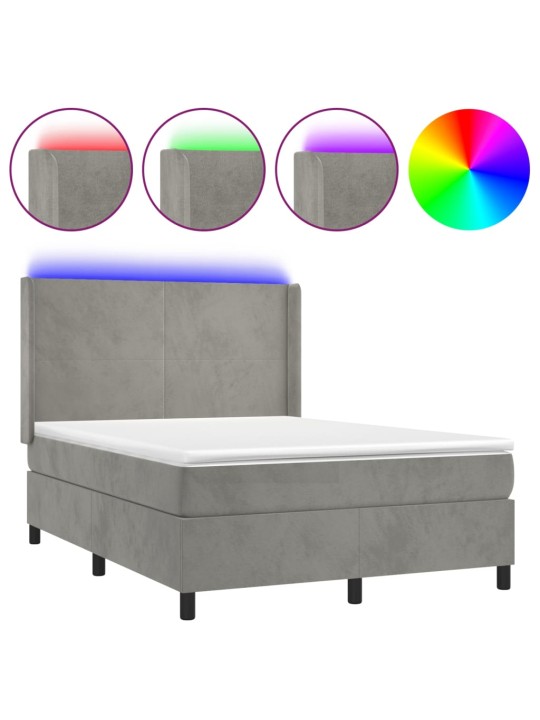 Box spring postel s matrací a LED světle šedá 140x190 cm samet