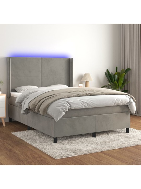 Box spring postel s matrací a LED světle šedá 140x190 cm samet