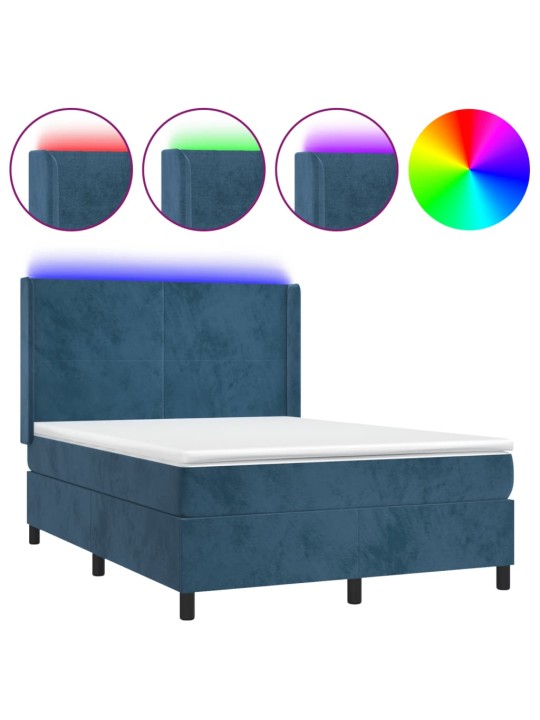 Box spring postel s matrací a led tmavě modrá 140x190 cm samet