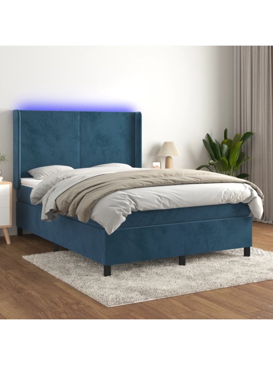 Box spring postel s matrací a led tmavě modrá 140x190 cm samet