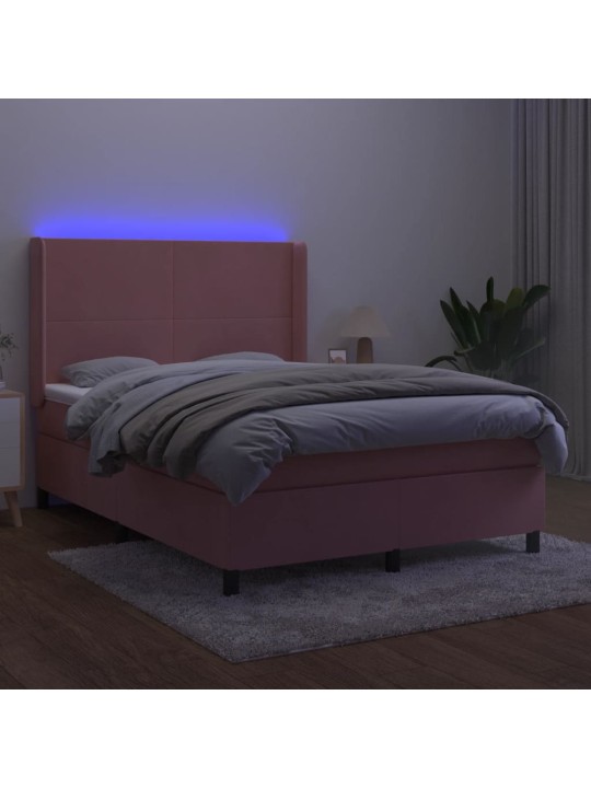 Box spring postel s matrací a led růžová 140x190 cm samet