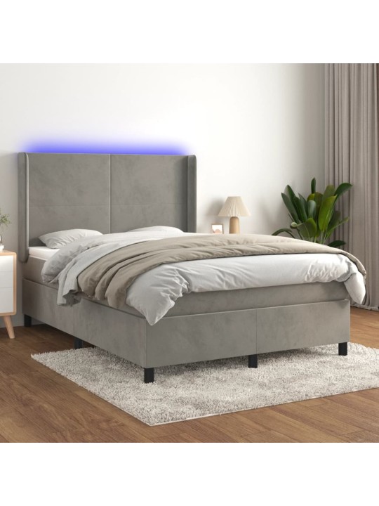 Box spring postel s matrací a LED světle šedá 140x200 cm samet