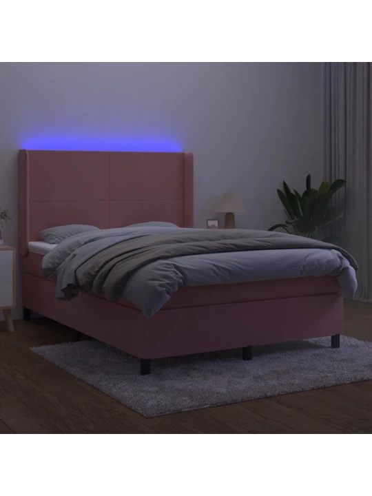 Box spring postel s matrací a led růžová 140x200 cm samet