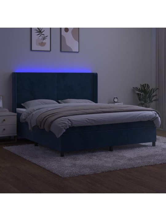 Box spring postel s matrací a led tmavě modrá 160x200 cm samet