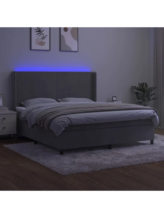 Box spring postel s matrací a LED světle šedá 180x200 cm samet
