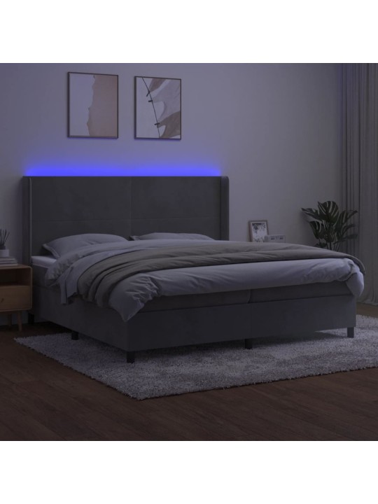 Box spring postel s matrací a LED světle šedá 200x200 cm samet
