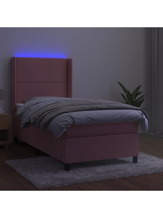 Box spring postel s matrací a LED růžová 90x200 cm samet