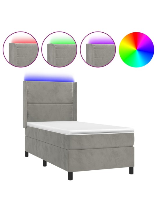 Box spring postel s matrací a LED světle šedá 100x200 cm samet