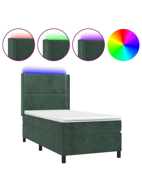 Box spring postel s matrací a LED tmavě zelená 100x200 cm samet