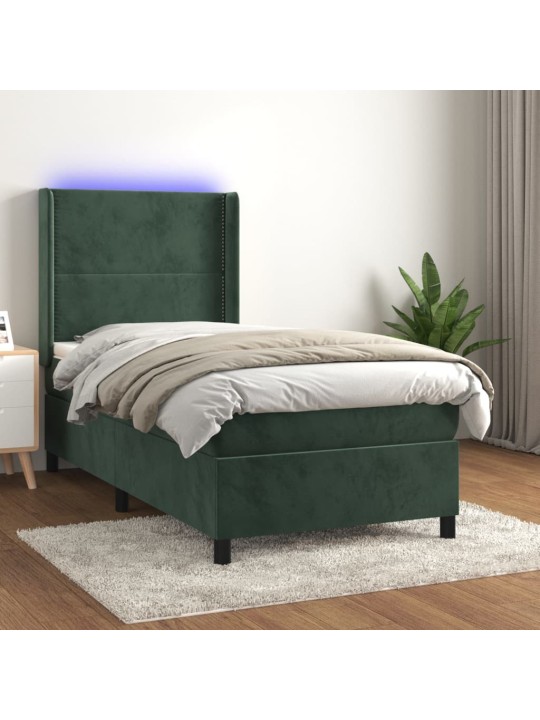Box spring postel s matrací a LED tmavě zelená 100x200 cm samet