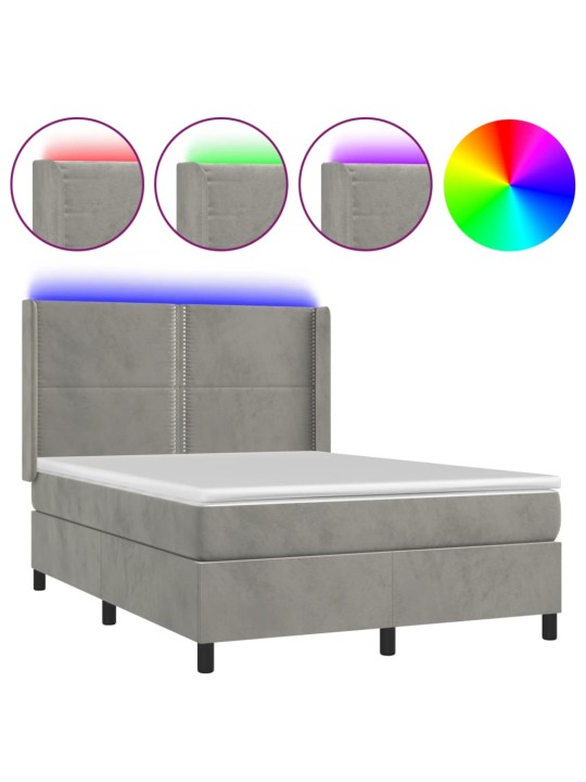 Box spring postel s matrací a LED světle šedá 140x190 cm samet
