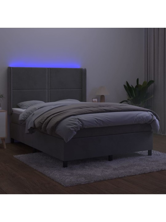 Box spring postel s matrací a LED světle šedá 140x190 cm samet