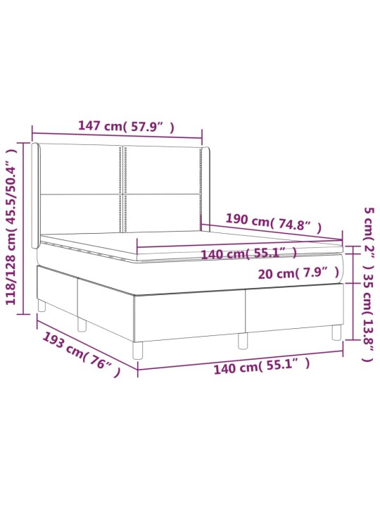 Box spring postel s matrací a LED světle šedá 140x190 cm samet