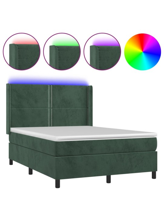 Box spring postel s matrací a LED tmavě zelená 140x200 cm samet
