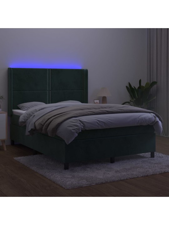 Box spring postel s matrací a LED tmavě zelená 140x200 cm samet