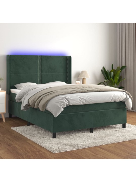 Box spring postel s matrací a LED tmavě zelená 140x200 cm samet
