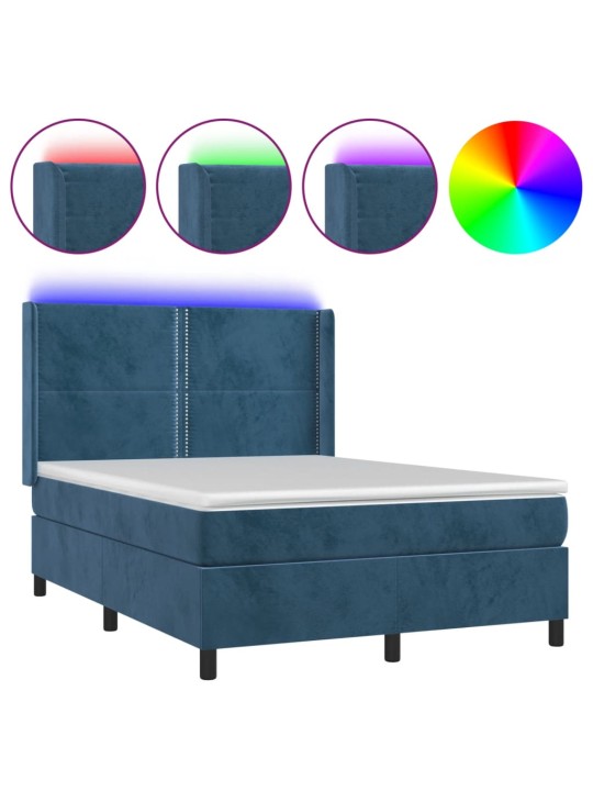 Box spring postel s matrací a LED tmavě modrá 140x200 cm samet