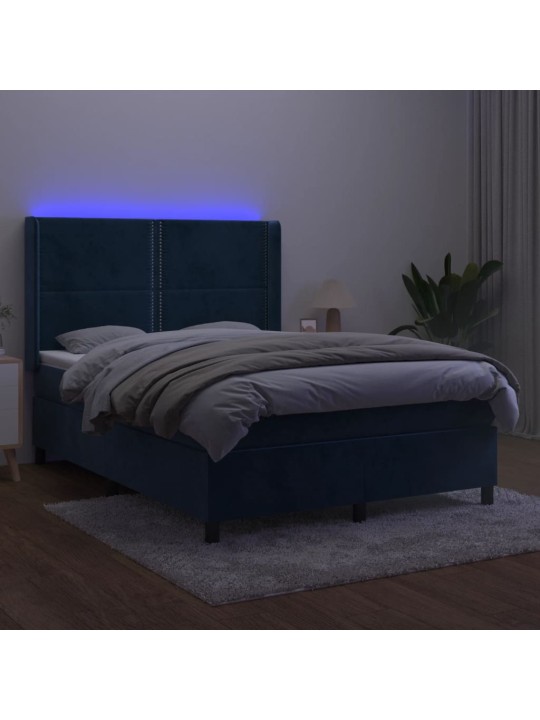Box spring postel s matrací a LED tmavě modrá 140x200 cm samet