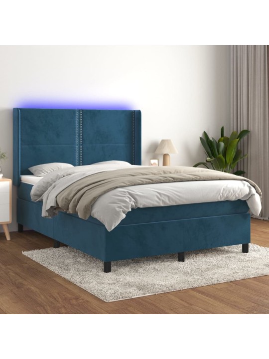 Box spring postel s matrací a LED tmavě modrá 140x200 cm samet