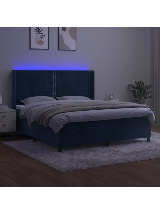 Box spring postel s matrací a LED tmavě modrá 180x200 cm samet
