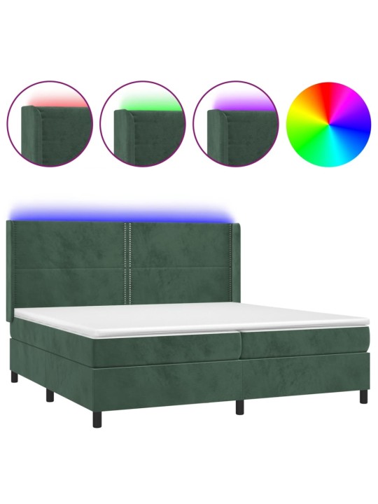 Box spring postel s matrací a LED tmavě zelená 200x200 cm samet