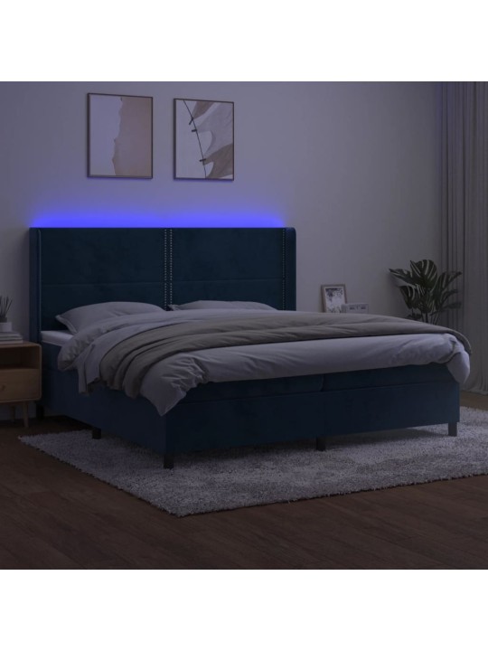 Box spring postel s matrací a LED tmavě modrá 200x200 cm samet