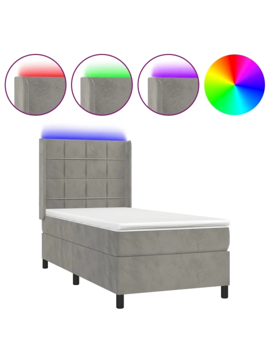 Box spring postel s matrací a LED světle šedá 90x190 cm samet