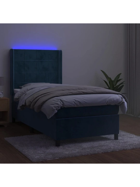 Box spring postel s matrací a led tmavě modrá 90x190 cm samet