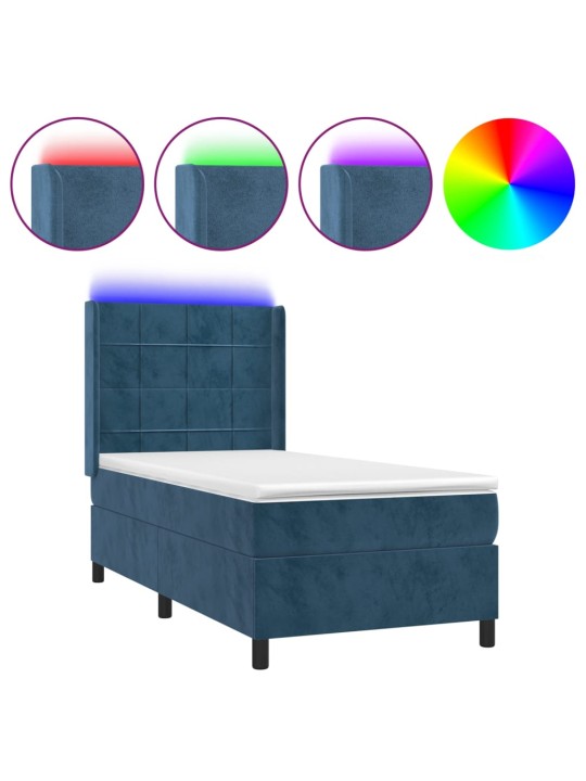 Box spring postel s matrací a led tmavě modrá 90x200 cm samet