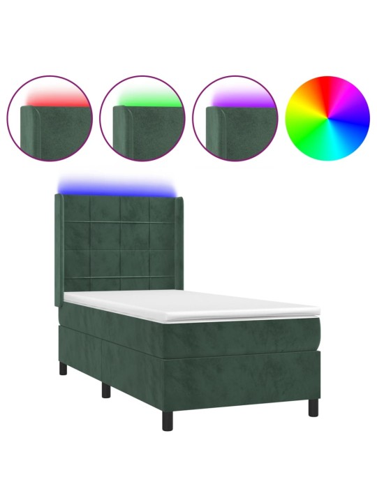 Box spring postel s matrací a LED tmavě zelená 100x200 cm samet