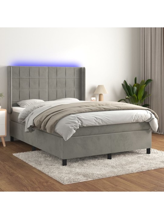 Box spring postel s matrací a LED světle šedá 140x190 cm samet