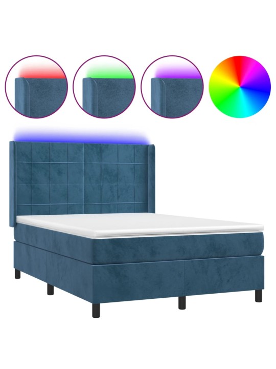 Box spring postel s matrací a led tmavě modrá 140x190 cm samet