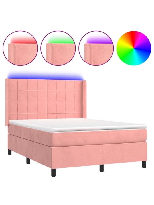 Box spring postel s matrací a led růžová 140x190 cm samet